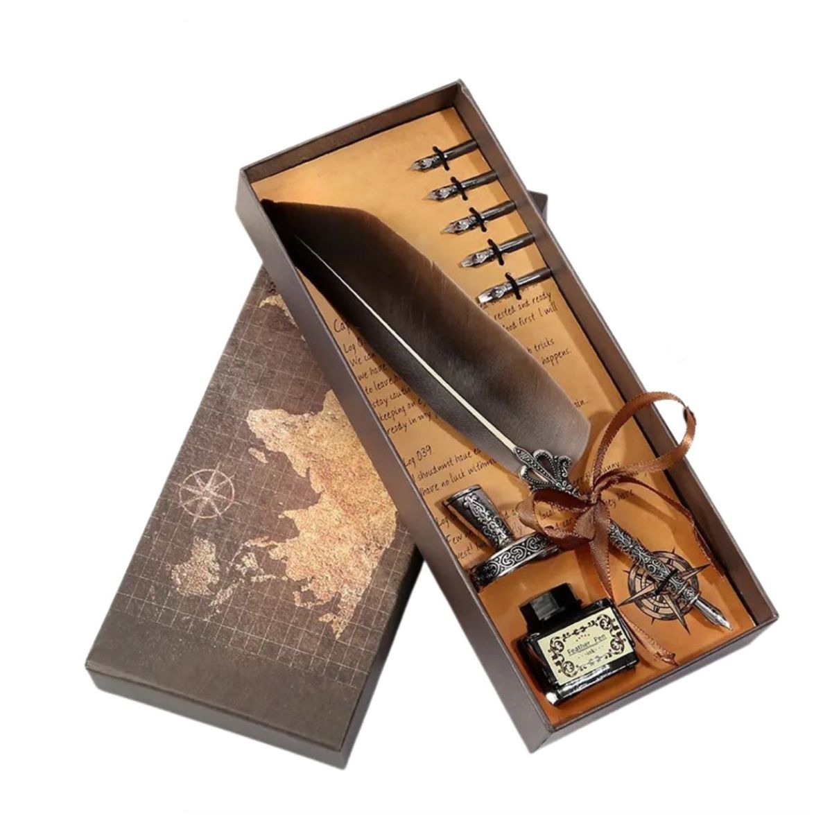 Kit Caneta Tinteiro Pena Cinza Antiga Simples Kit Caneta Tinteiro Pena Cinza Antiga Simples